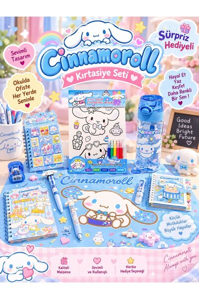 ÖZ OFİS Cinnamoroll 10 Parça Okul Kırtasiye Seti - 500ml Tritan Matara, Besle...
