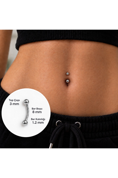 Heppii Cerrahi Çelik 8 mm İki Ucu Toplu Minimal Göbek Piercingi Silver Renkli