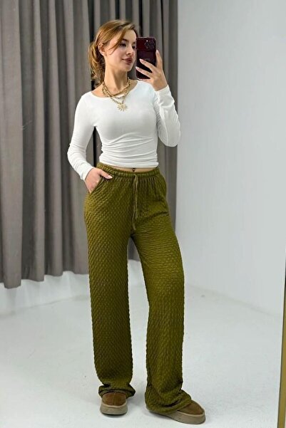 Juuuj Green Wrinkled Textured High Elastic Waist Loose Draped Adjustable Deta...