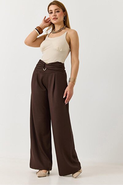 Juuuj Brown Modal Fabric High Waist Loose Cut Wide Leg Pants with Gold Buckle...
