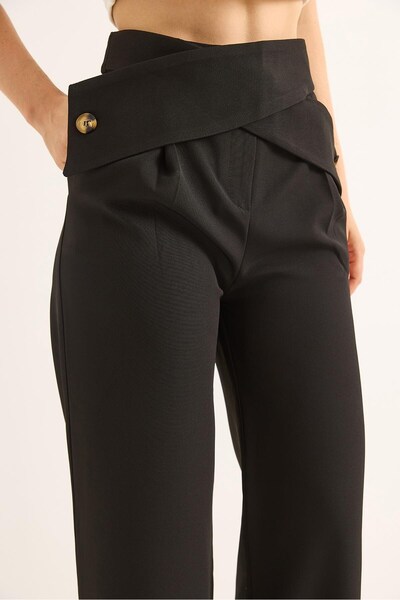 Juuuj Black Woven Fabric Cross-Waist Model Wide-Leg Button Detailed High-Wais...