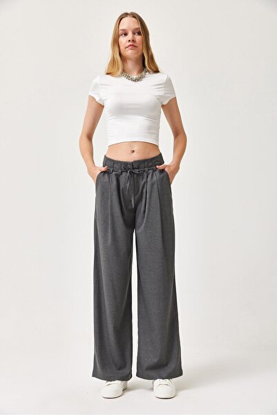 Juuuj Smoked Viscose Blended Stretch Fabric High Waist Loose Cut Self-Belted ...