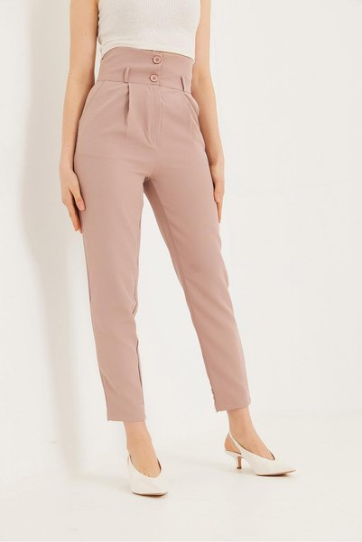 Generic Brand Milky Brown Cotton Lycra High Waist Palazzo Form Double Button Detailed Trousers