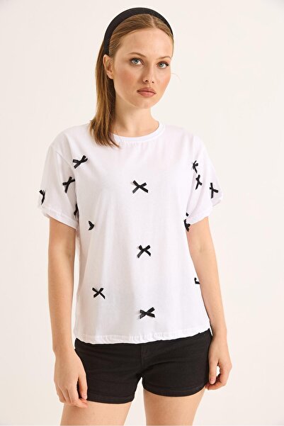 Juuuj White Cotton Fabric Crew Neck Short Sleeve Fit Form Bow Detailed Knitte...