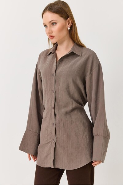 Juuuj Brown Soft Linen Textured Spanish Sleeve Oversized Slim Belted Buttoned...