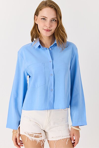 Juuuj Blue Soft Textured Long Sleeve Shirt Collar Stretchy Fabric Comfortable...