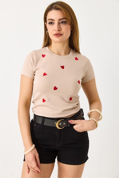 Juuuj Tricou tricotat cu mânecă scurtă, cu textură elastică crem, cu decolteu...