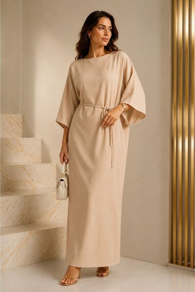 Juuuj Beige Viscose Textured Bat Sleeve Waist-Tie Comfortable Cut Midi Dress ...