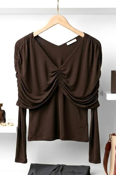 Juuuj Brown Stretchy Textured V-Neck Long Sleeve Draped Top with Draped Detai...