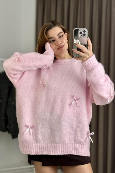 Juuuj Pink Knitwear Textured Crew Neck Long Sleeve Oversize Wide Cut Sweater ...