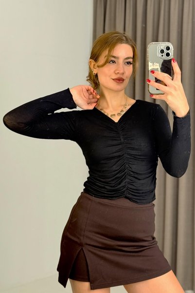 Juuuj Bluză tricotată neagră, elastică, cu textură, cu decolteu în V, mânecă ...