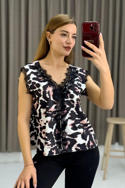 Juuuj Bluză neagră din țesătură crep, cu decolteu în V, fără mâneci, cu model...