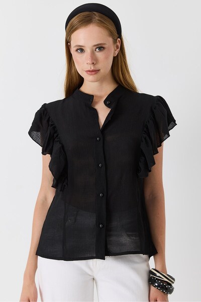 Juuuj Black Woven Fabric High Collar Relaxed Fit Blouse with Ruffle Detail on...