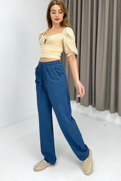 Juuuj Navy Blue Canvas Textured Elastic Waist Lace-Up Adjustable Detailed Poc...