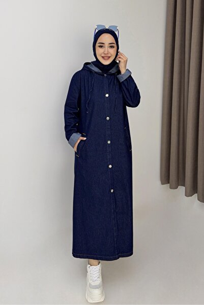 Juuuj Navy Blue Woven Fabric Hooded Long Sleeve Straight Cut Cross Pocket But...