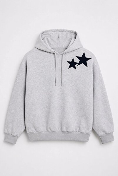 Juuuj Gray Cotton Fabric Hooded Collar Long Sleeve Oversize Star Printed Deta...