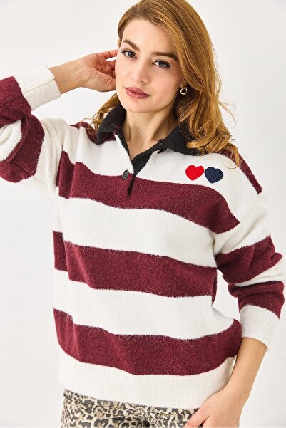 Juuuj White Soft Textured Polo Collar Long Sleeve Relaxed Fit Heart Embroider...