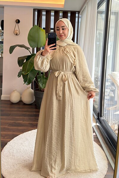 Juuuj Çağla Tulle Modal Lined Belted Comfortable Cut Long Sleeve Dress with R...