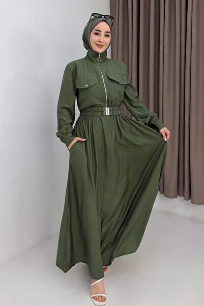 Juuuj Khaki Woven Fabric Dress with Stand Collar, Zipper, Belt, and Side Pock...
