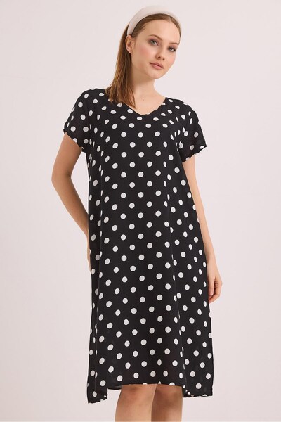 Juuuj Black Woven Viscose Fabric V-Neck Comfortable Fit Pleated Detail Polka ...