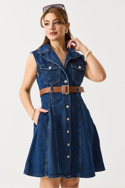 Juuuj Navy Blue Denim Fabric Sleeveless Front Buttoned Belted Comfortable Fit...