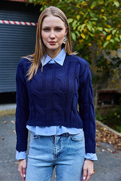 Juuuj Navy Blue Knitwear Knitted Crew Neck Long Sleeve Crop Garnished Shirt D...