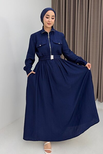 Juuuj Navy Blue High Collar Belted Comfortable Cut Dress with Chest and Side ...