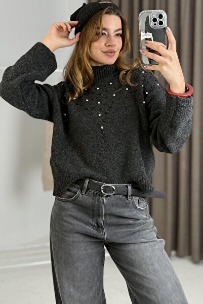 Juuuj Anthracite Soft Textured Turtleneck Comfortable Fit Stone and Pearl Emb...