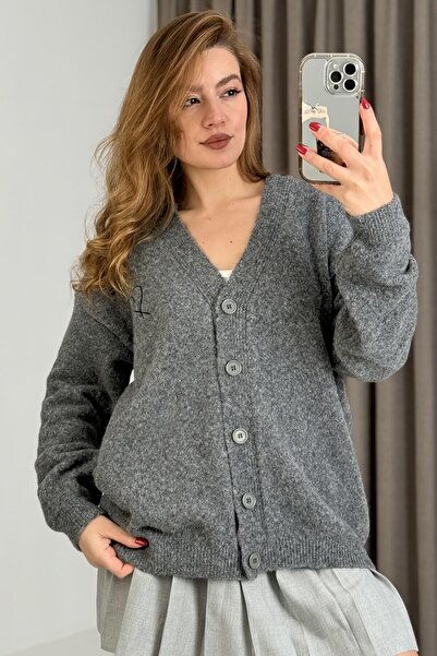 Juuuj Anthracite Flexible Textured Soft Knitwear V-Neck Wide Cut Button Detai...