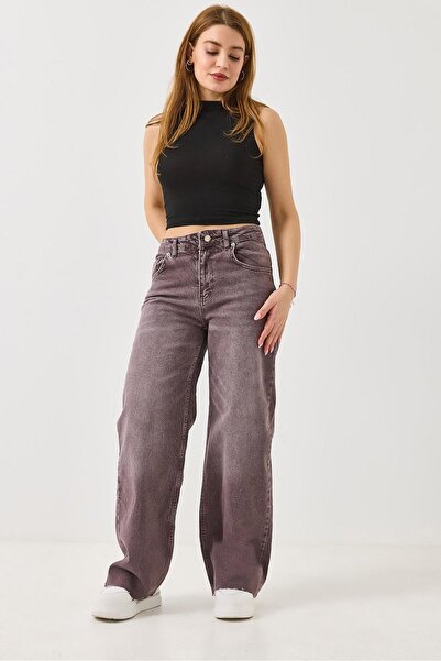 Juuuj Plum Denim Fabric Cut-Off Leg Loose Fit Five-Pocket Zippered Comfortabl...