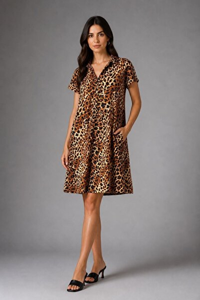 Juuuj Rochie cu model leopard, cu guler polo, cu mânecă scurtă, potrivită pen...