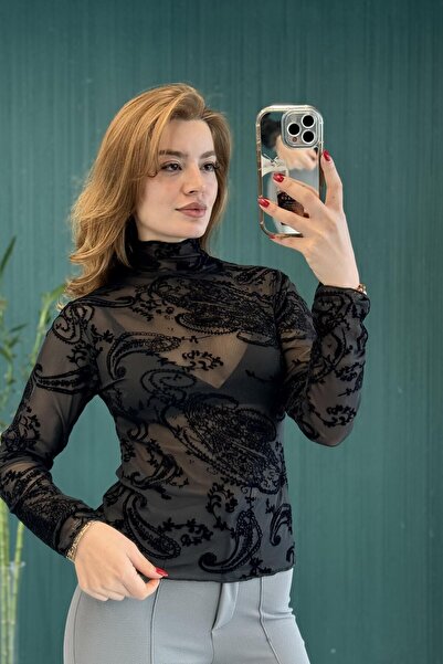 Juuuj Bluză neagră din tul transparent, cu textură, cu mâneci lungi, croială ...