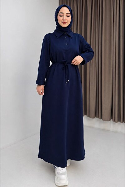 Juuuj Navy Blue Woven Fabric Shirt Collar Tie-Waist Straight Cut Basic Hijab ...