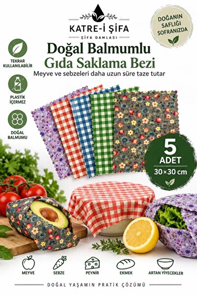 Katre-i Şifa قماش تخزين الطعام من شمع النحل العضوي بنسبة 100% - 5 قطع من قماش...