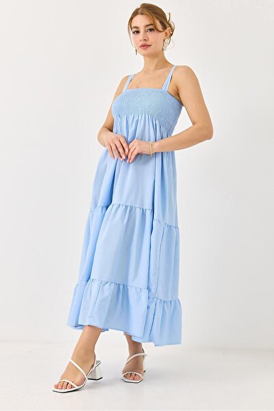 Juuuj Blue Stretchy Textured Square Collar Wide Cut Gipeli Strap Layered Deta...