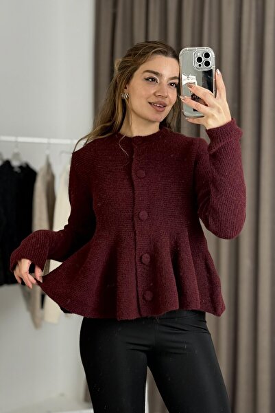 Juuuj Burgundy Soft Textured Knitwear Crew Neck Relaxed Cut Knitted Cardigan ...