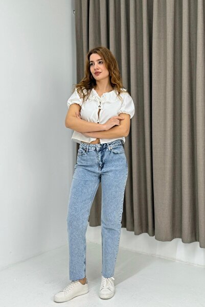 Juuuj Παντελόνι Mom Jeans με μπλε πέτρινη επένδυση, άνετη εφαρμογή στη μέση, ...