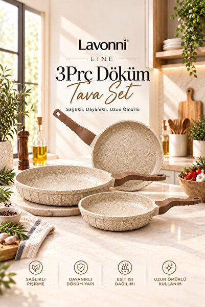 LAVONNI Line 3 Parça Döküm Granit Tava Seti Cappuccino | 20-24-28 cm Yapışmaz...