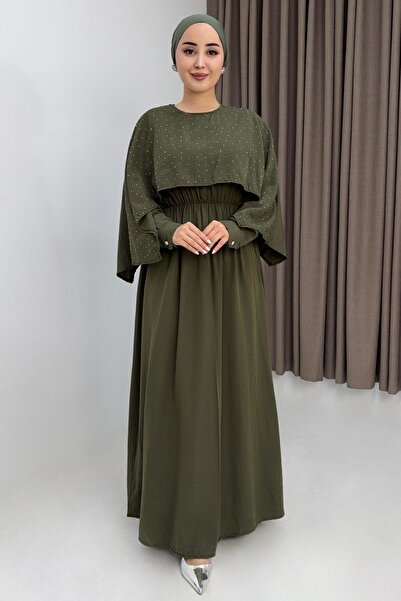 Juuuj Khaki Bat Sleeve Waist Gathered Stone Embroidery Detailed Hijab Clothin...