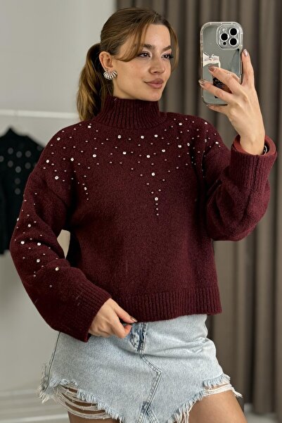 Juuuj Burgundy Soft Textured Turtleneck Relaxed Fit Knitted Sweater with Ston...