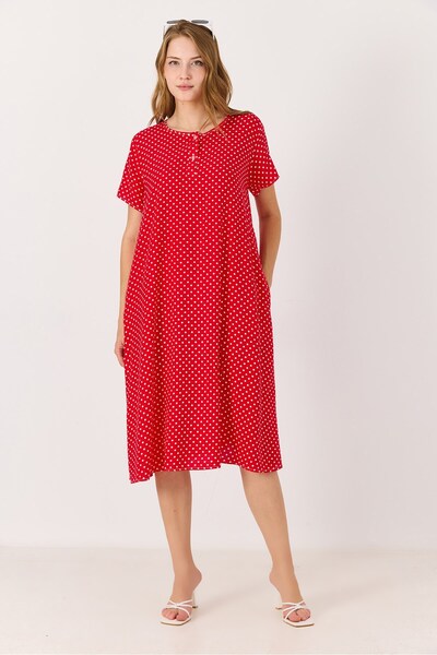 Juuuj Pomegranate Viscose Fabric Shirt Collar Short Sleeve Polka Dot Patterne...