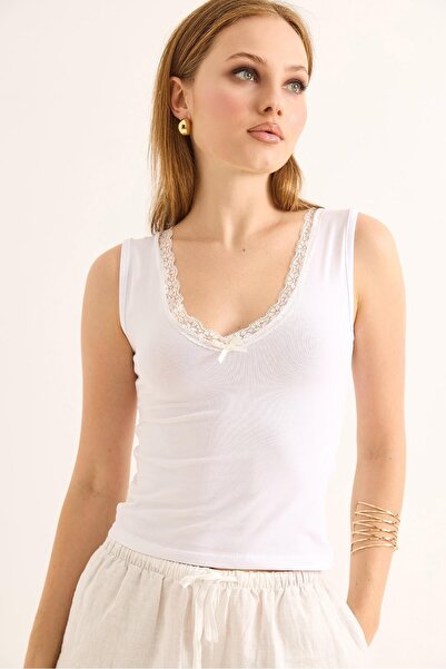 Juuuj White Cotton Blend V-Neck Sleeveless Slim Fit Knitted Top Blouse with L...