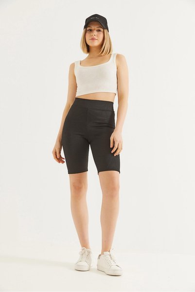 Juuuj Colanți scurți negri din țesătură ribată, cu talie înaltă, croială slim, cu efect de modelare și elasticitate.