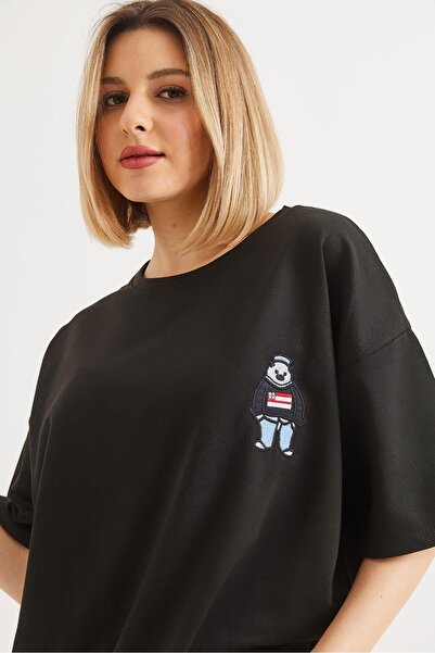 Juuuj Tricou oversize din țesătură neagră din bumbac, cu decolteu tip crew, m...
