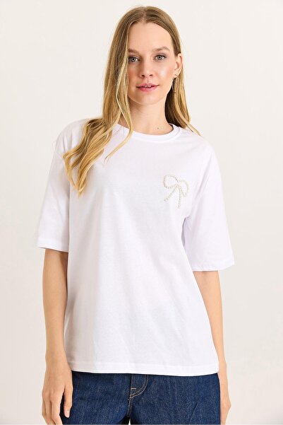 Juuuj Tricou tricotat din bumbac alb, cu mânecă scurtă, decolteu tip crew, cr...