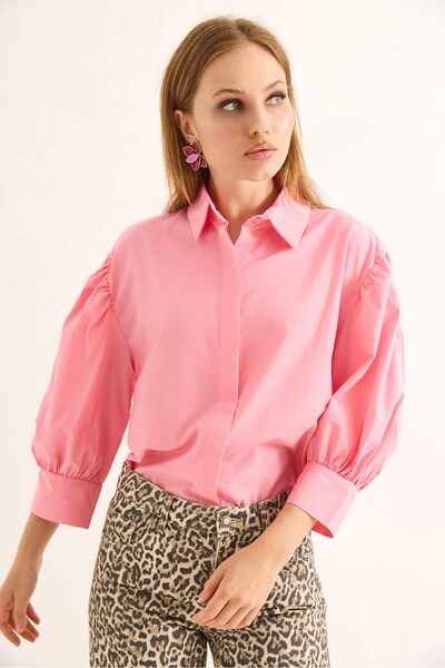 Juuuj Pink Woven Fabric Shirt Collar Balloon Sleeve Loose Fit Cuffed Hidden B...