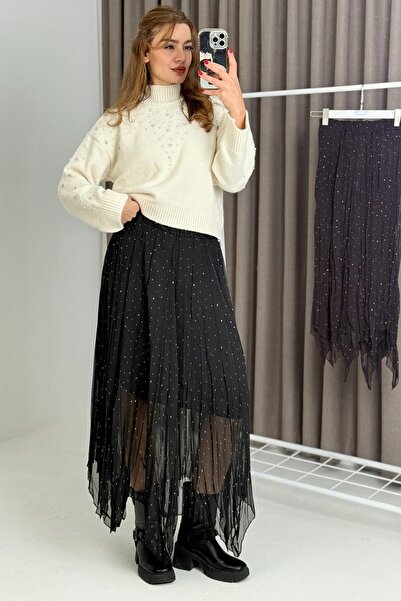 Juuuj Black Tulle Fabric Comfortable Cut and Lined Skirt with Stone Detail Su...