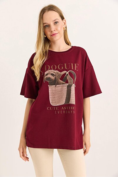 Juuuj Burgundy Two Yarn Fabric Crew Neck Short Sleeve Drop Shoulder Dog Print...