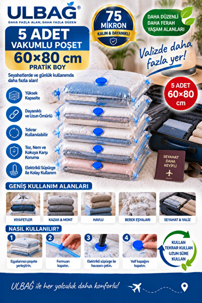 ÜLBAG Set of 5 Vacuum Bags 60 cm X 80 cm Pillow, Clothes and Blanket Vacuum Bags