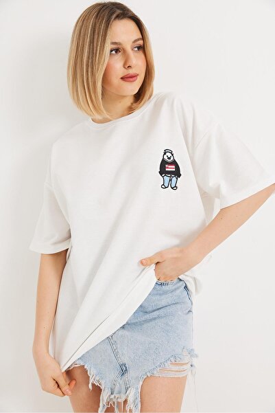 Juuuj Tricou alb din bumbac, cu decolteu tip crew, mânecă scurtă, cu umeri că...